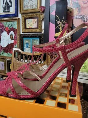 Vintage BP Pink Strappy Heels Snakeskin Leather Sandals Size 7.5 Barbiecore Y2K